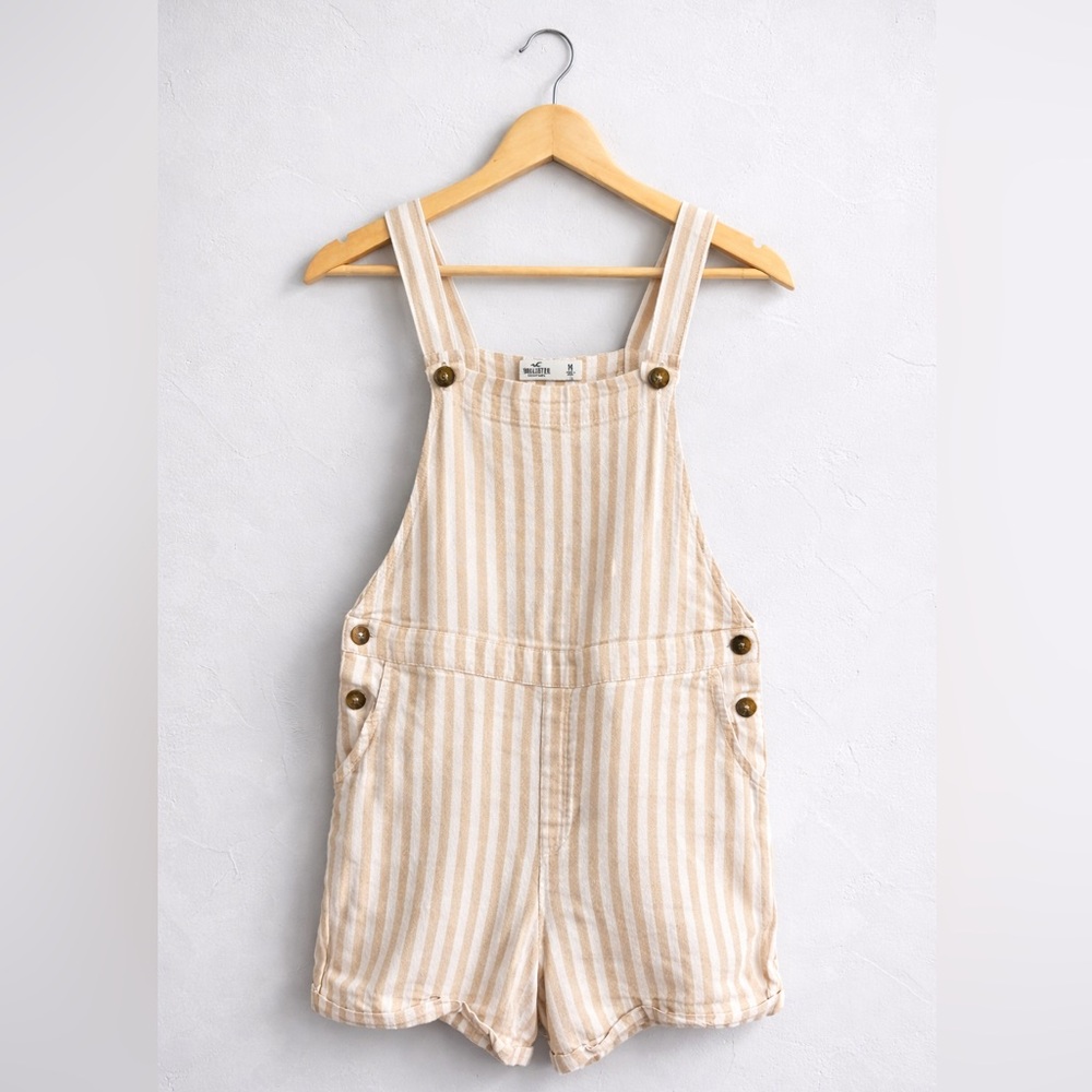 Hollister California Tan White Striped Linen Blend Shortalls Overalls Size M - Picture 1 of 4